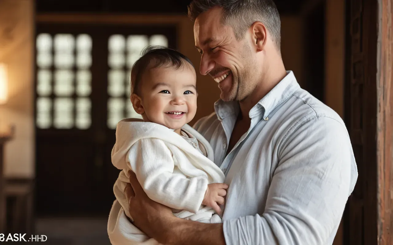 newborn comfort and safety A happy parent holding a smiling newborn dressed in soft white cotton clothing with warm indoor lighting creating a cozy atmosphere.