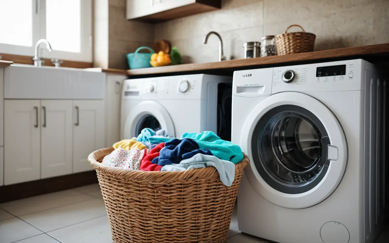 washing infant garments safely A laundry basket filled with colorful cotton baby clothes next to a washing machine in a bright modern kitchen setting.