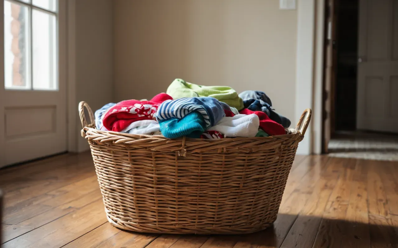 A messy laundry basket overflowing with colorful tiny baby clothes and socks in a bright sunlit living room with a wooden floor.
