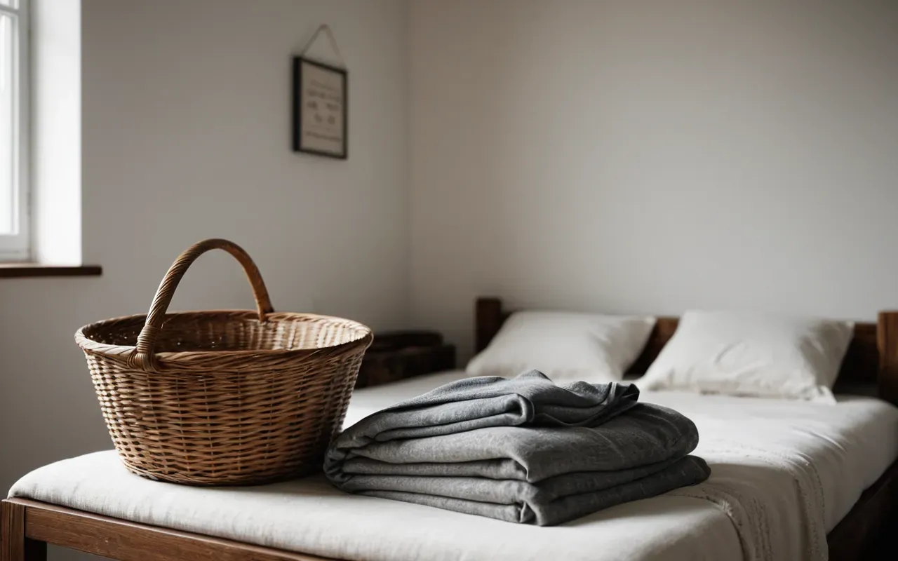 A minimalist bedroom corner with a small basket of folded neutral colored clothing. Soft natural light creates a calm and organized atmosphere for daily routine preparation.