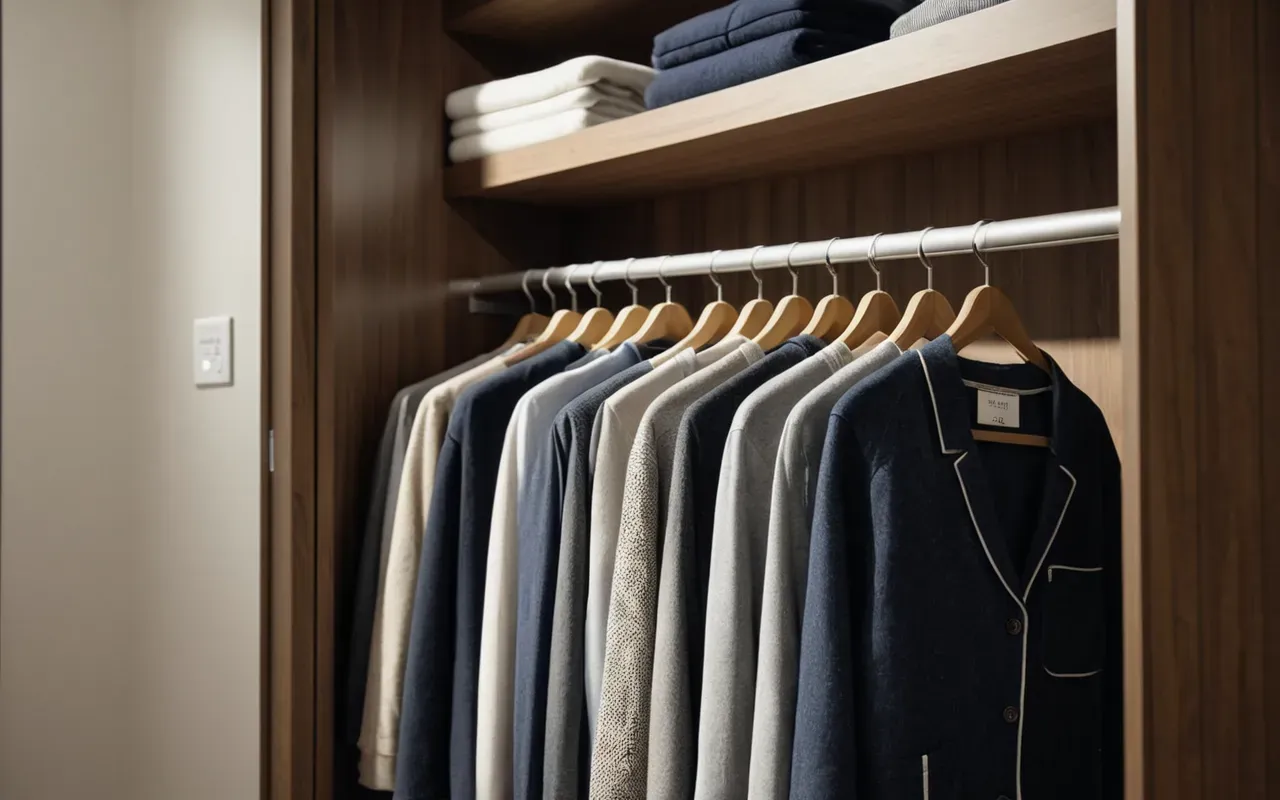 baby wardrobe organization tips A modern closet with organized shelves holding folded baby clothes in neutral tones under soft overhead lighting.