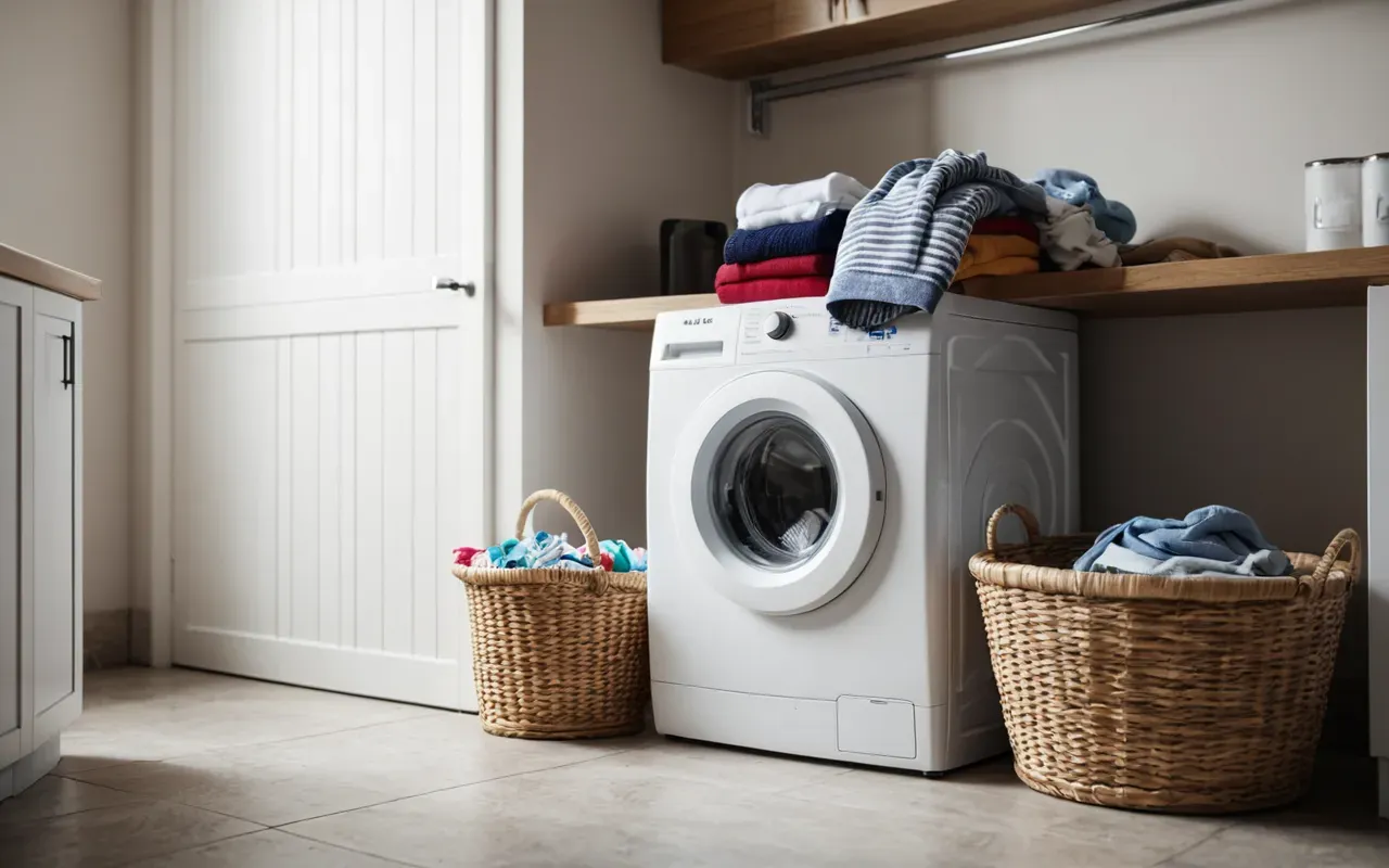 baby laundry routine A modern laundry room with a white washing machine and a basket of colorful folded baby clothes on the floor.
