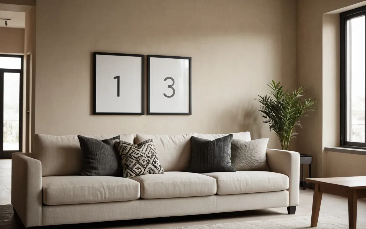 A modern minimalist living room with a neutral color palette featuring beige walls and white furniture. Soft afternoon light streams through large windows creating long shadows.