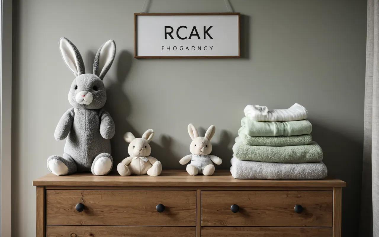 A modern nursery with a wooden dresser holding stacks of neutral colored baby clothes in shades of gray beige and soft green next to a plush toy rabbit under natural window light