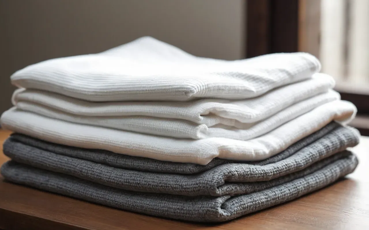 comfortable baby apparel A neat stack of folded plain white and soft gray cotton onesies on a light fabric surface with natural daylight creating gentle shadows around the edges.