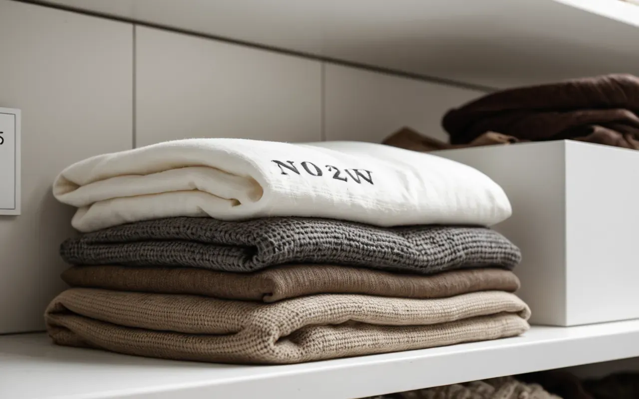 A neat stack of folded soft cotton clothing in muted earth tones sitting on a clean white shelf. The lighting is warm and inviting highlighting the texture of the fabric.