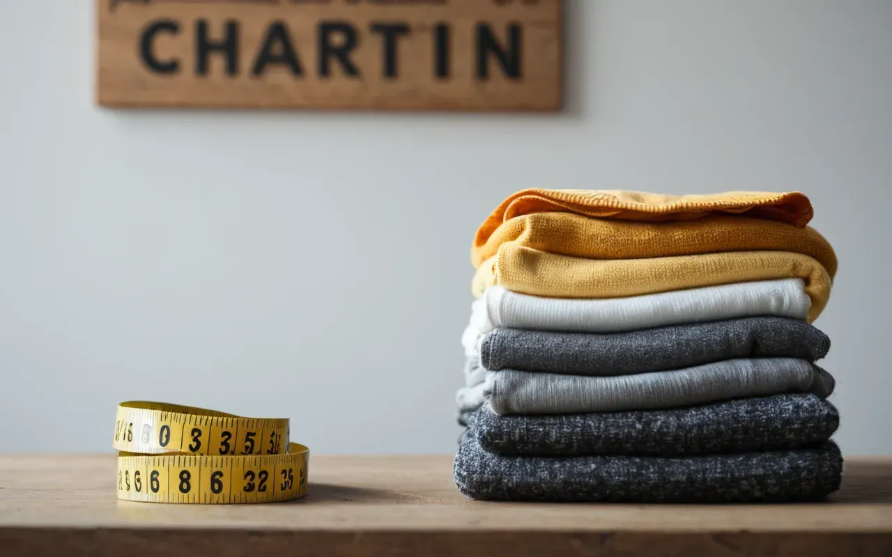 A neat stack of soft neutral toned infant garments beside a small measuring tape on a clean bright surface with natural daylight.