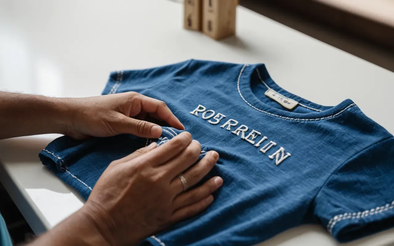 clothing quality check A pair of hands carefully examining the stitching on a small blue baby shirt against a clean white table surface.