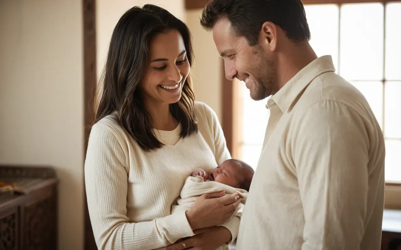 newborn dressing routine A parent gently dressing a smiling newborn baby in a soft cream colored long sleeve shirt and pants.