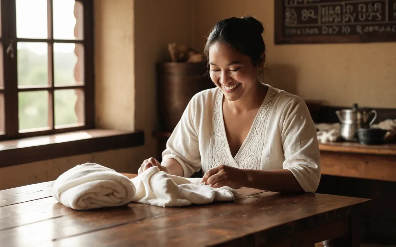 joyful parenting moment baby clothing care A parent smiling while folding a soft cotton baby outfit at a wooden table with warm afternoon light streaming in from a window.
