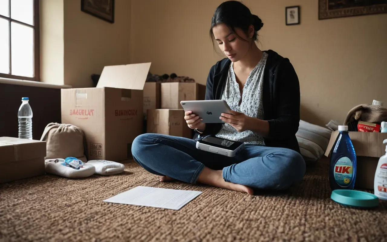 A person sitting cross legged on a carpeted floor reading printed reviews from a tablet while surrounded by several unpackaged baby items like a bottle brush and a small fan. The scene is bright with natural light coming through a window behind the subject showing green foliage outside.