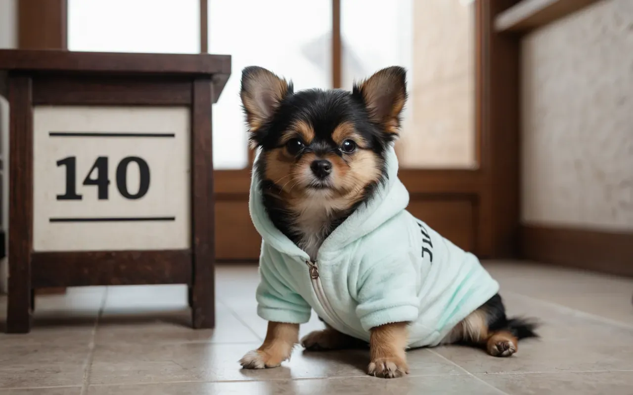 A small fluffy dog wearing a soft pastel baby onesie in a cozy indoor setting with natural light and a calm mood.