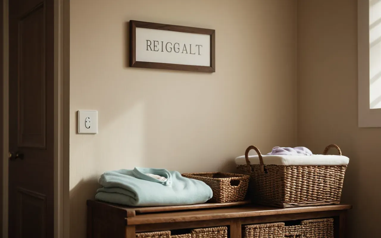 parenting psychology baby clothes A softly lit nursery corner with a wooden changing table holding folded pastel-colored infant clothing and a small woven basket nearby under warm ambient lighting.