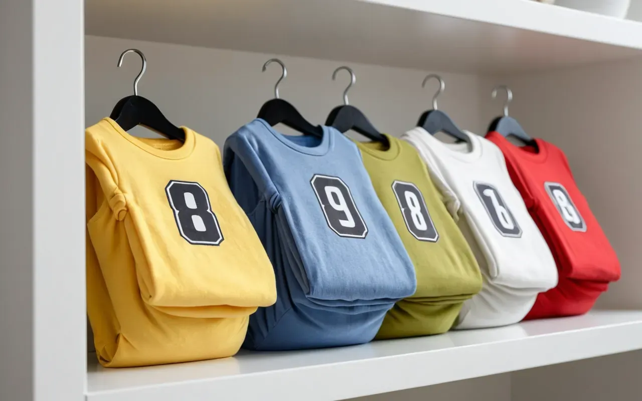A stack of folded colorful baby bodysuits on a white shelf with soft daylight and minimal background objects.