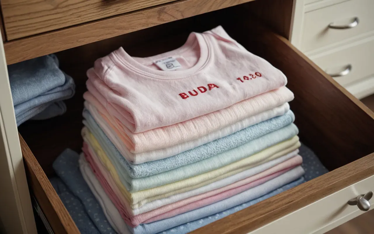 organizing baby wardrobe A stack of neatly folded pastel baby clothes in a drawer with soft lighting showing variety of sizes and textures.