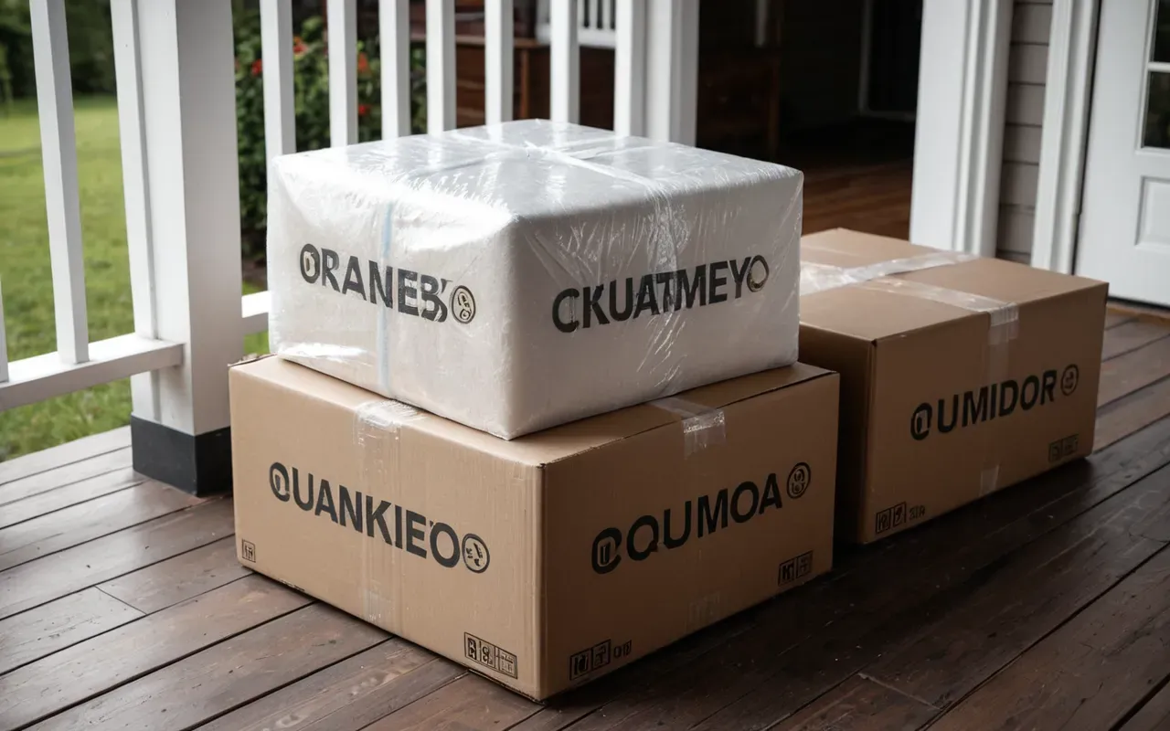 A stack of three large brown shipping boxes sitting on a wooden porch floor. One box is slightly open revealing white bubble wrap inside. The lighting suggests early morning with soft shadows cast by nearby trees creating a quiet suburban feel.
