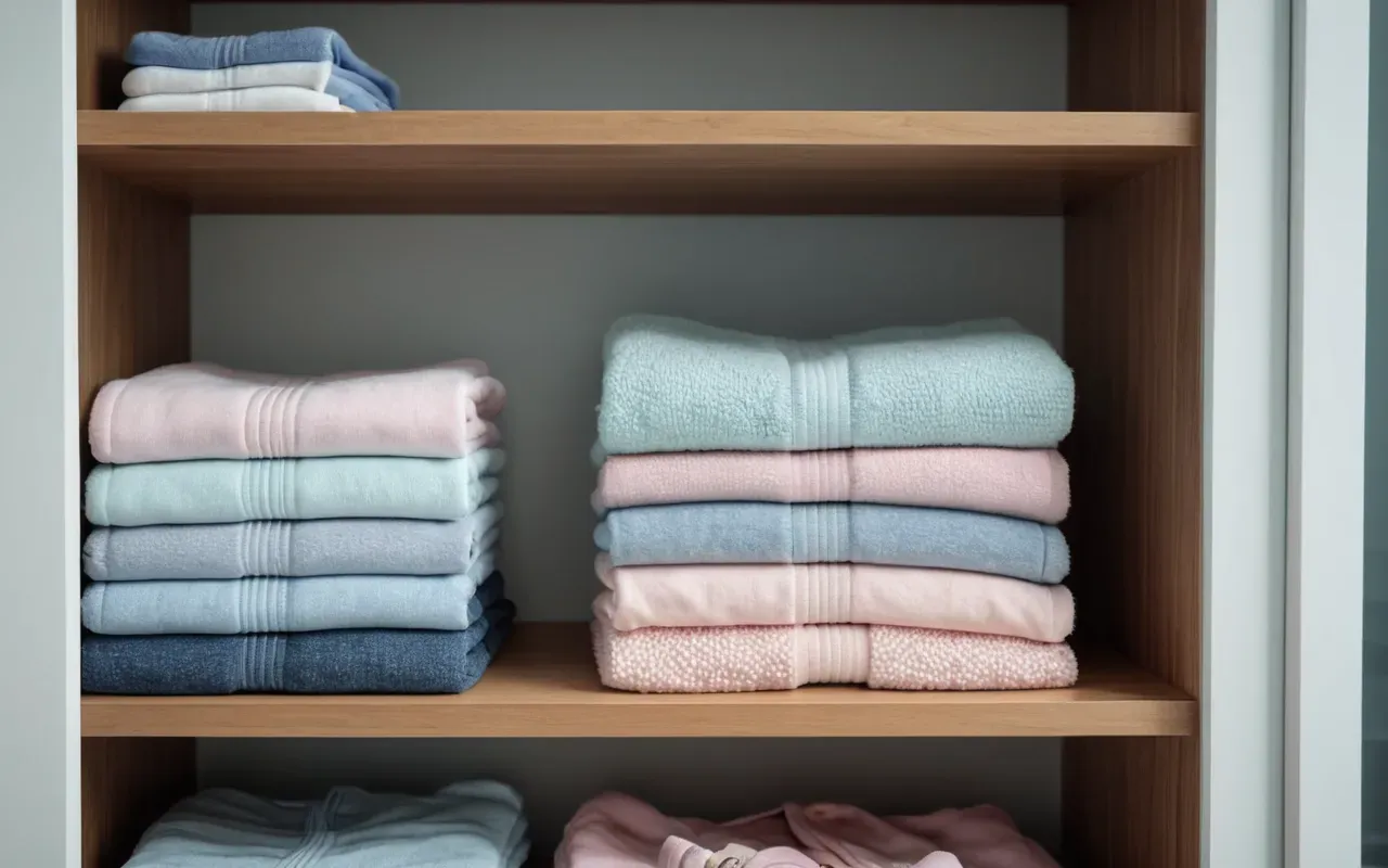 organized baby wardrobe A tidy closet shelf filled with neatly folded baby clothes in pastel colors like soft pink and light blue.
