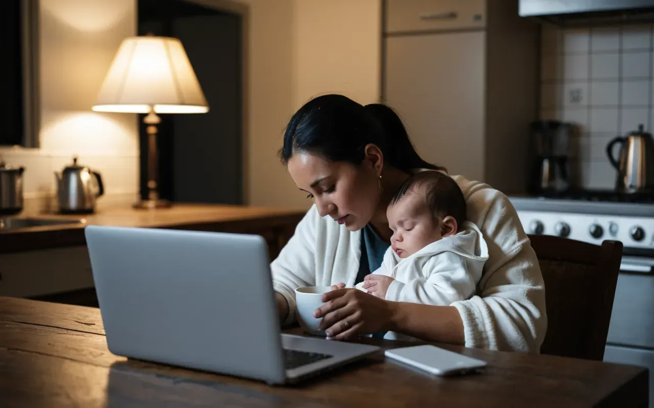 A tired parent sitting at a kitchen table late at night holding a laptop with one hand while the other holds a sleeping infant in soft white clothing. The room is dimly lit by warm lamp light and there are several brown cardboard boxes stacked neatly on the floor nearby creating a cluttered but cozy atmosphere.
