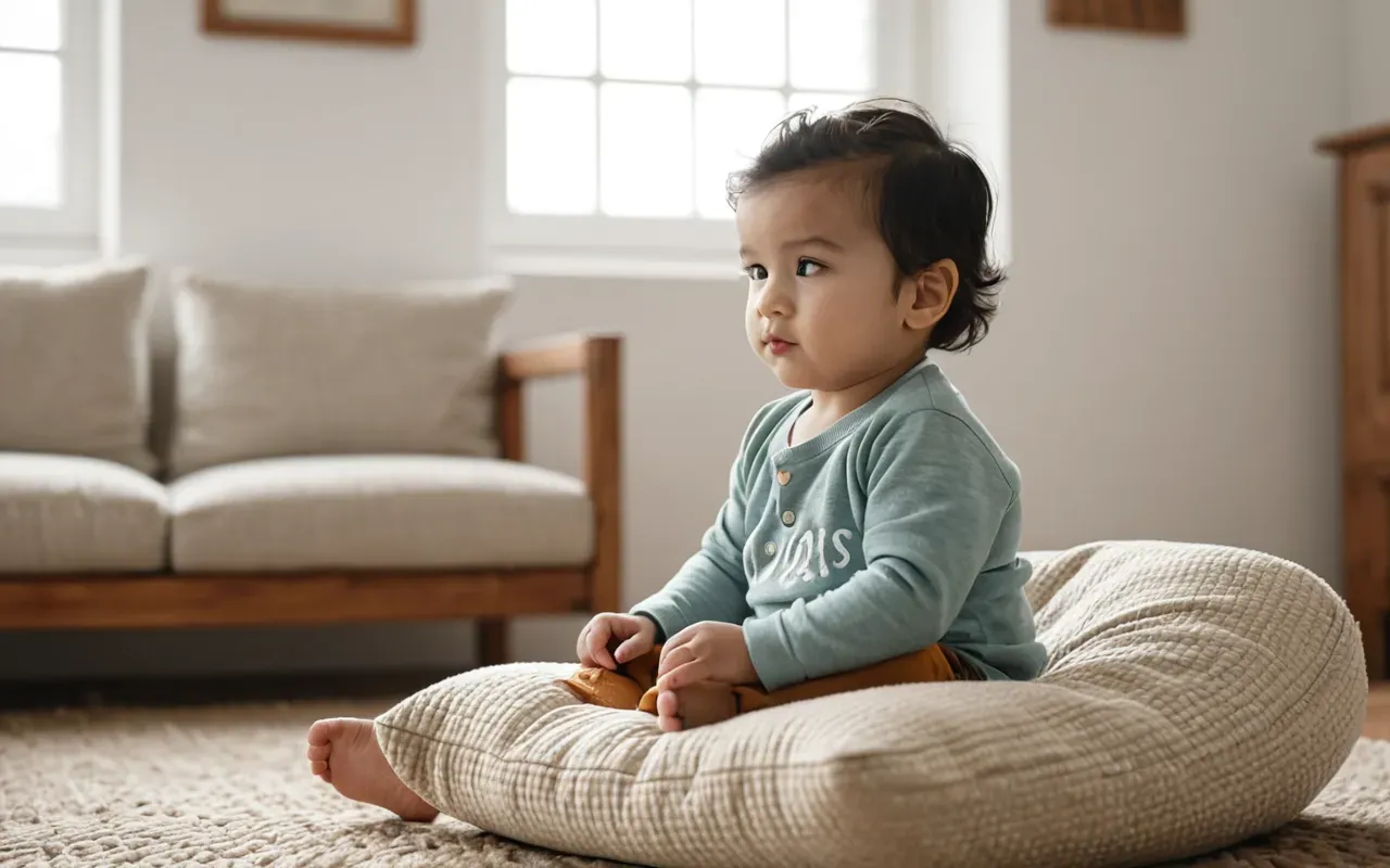 A toddler sitting on a soft cushion wearing a loose comfortable outfit with gentle colors and relaxed posture in a bright indoor room.