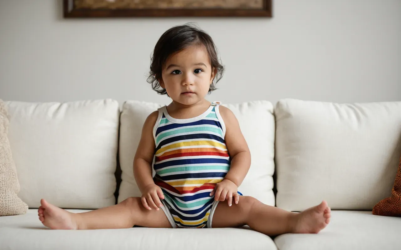 A toddler wearing a colorful striped cami top and bloomers sitting on a white couch with soft lighting and a neutral background.