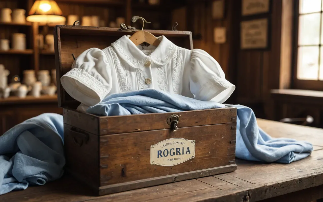 A vintage wooden box filled with neatly folded white baby dresses and soft blue cloth items sitting on a rustic table in an antique shop with warm golden lighting and no text visible