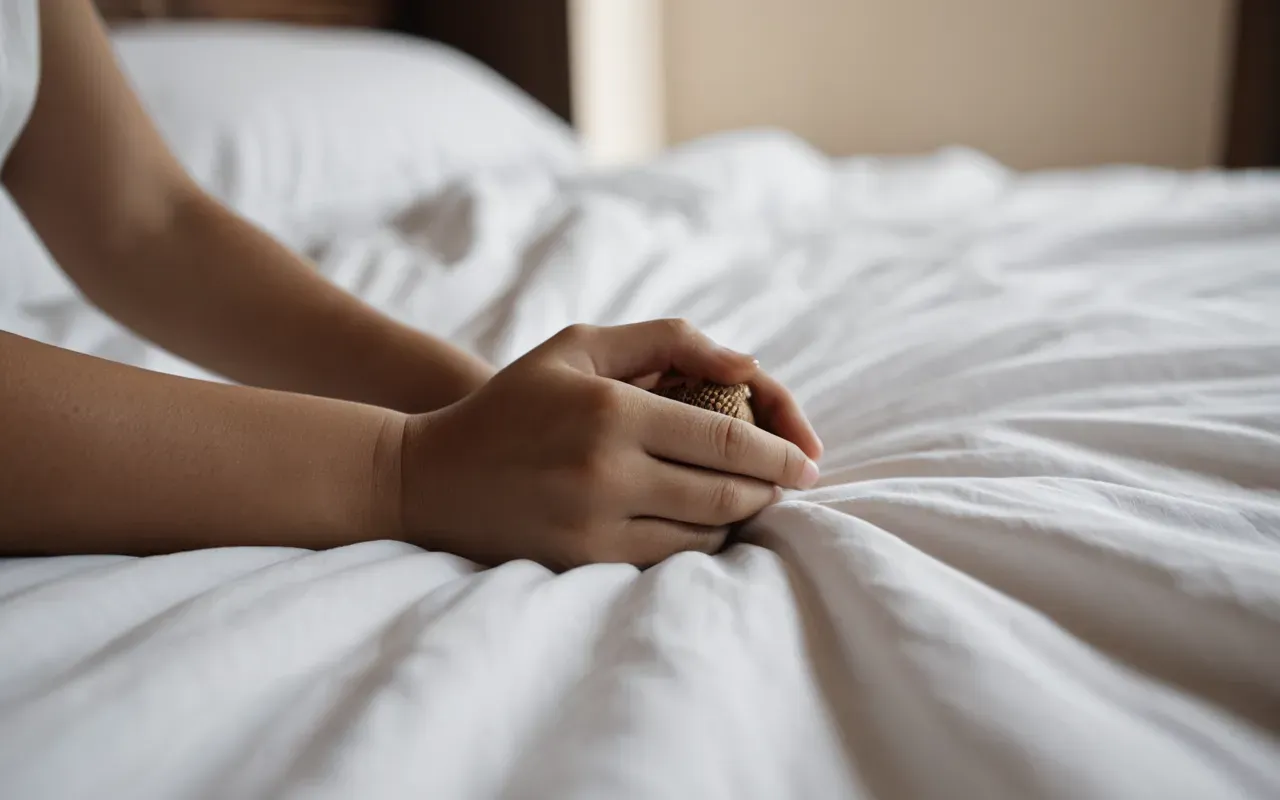gentle infant apparel A baby arm resting on soft white bedding with gentle lighting highlighting the smooth texture of natural fibers and a calm peaceful atmosphere.