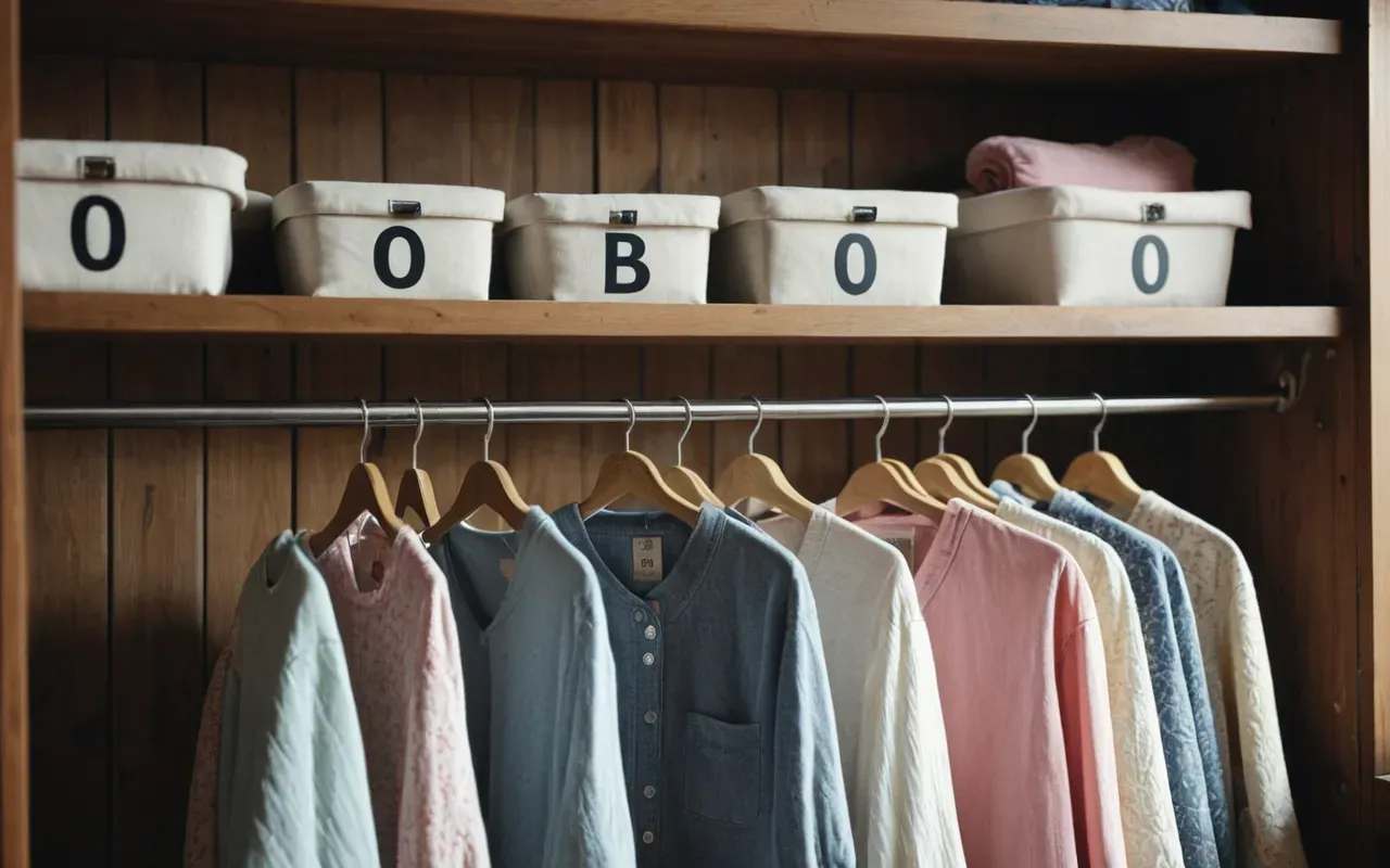 organized baby wardrobe A bright and airy closet filled with neatly folded pastel vintage baby clothes arranged by size on wooden shelves under natural light.