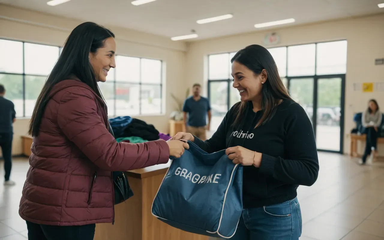 community exchange A bright and cheerful scene with a parent handing over a bag of folded clothes to another person in a modern community center. The mood is positive and collaborative.