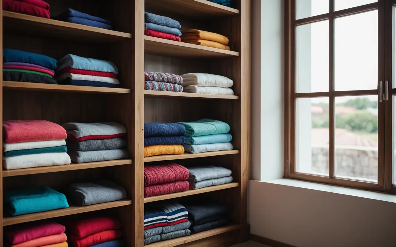 A bright modern closet filled with neatly folded colorful children's clothes on wooden shelves under soft natural light from a large window in the background.