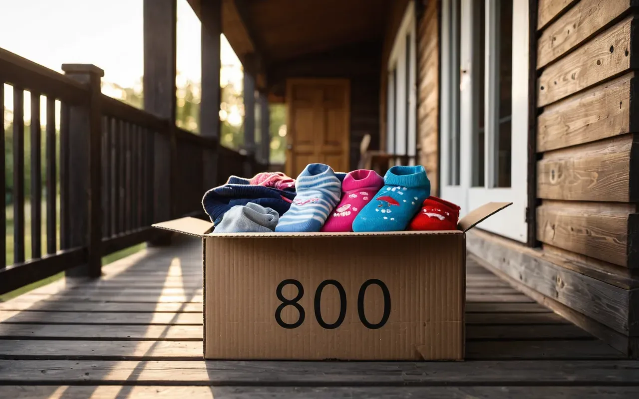 A cardboard box filled with colorful folded baby clothes and socks sitting on a wooden porch step under warm evening sunlight.