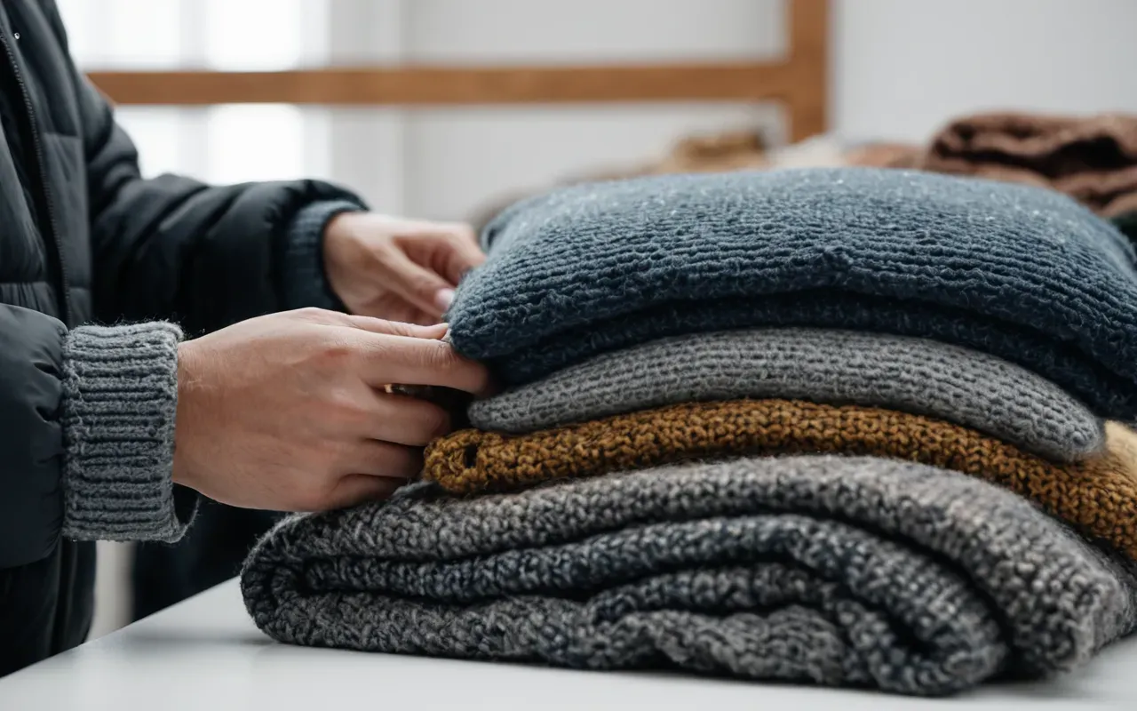 quality fabrics A close-up of a hand sorting through a pile of high-quality knit sweaters and jackets on a clean white surface. The focus is on the texture and quality of the fabrics.