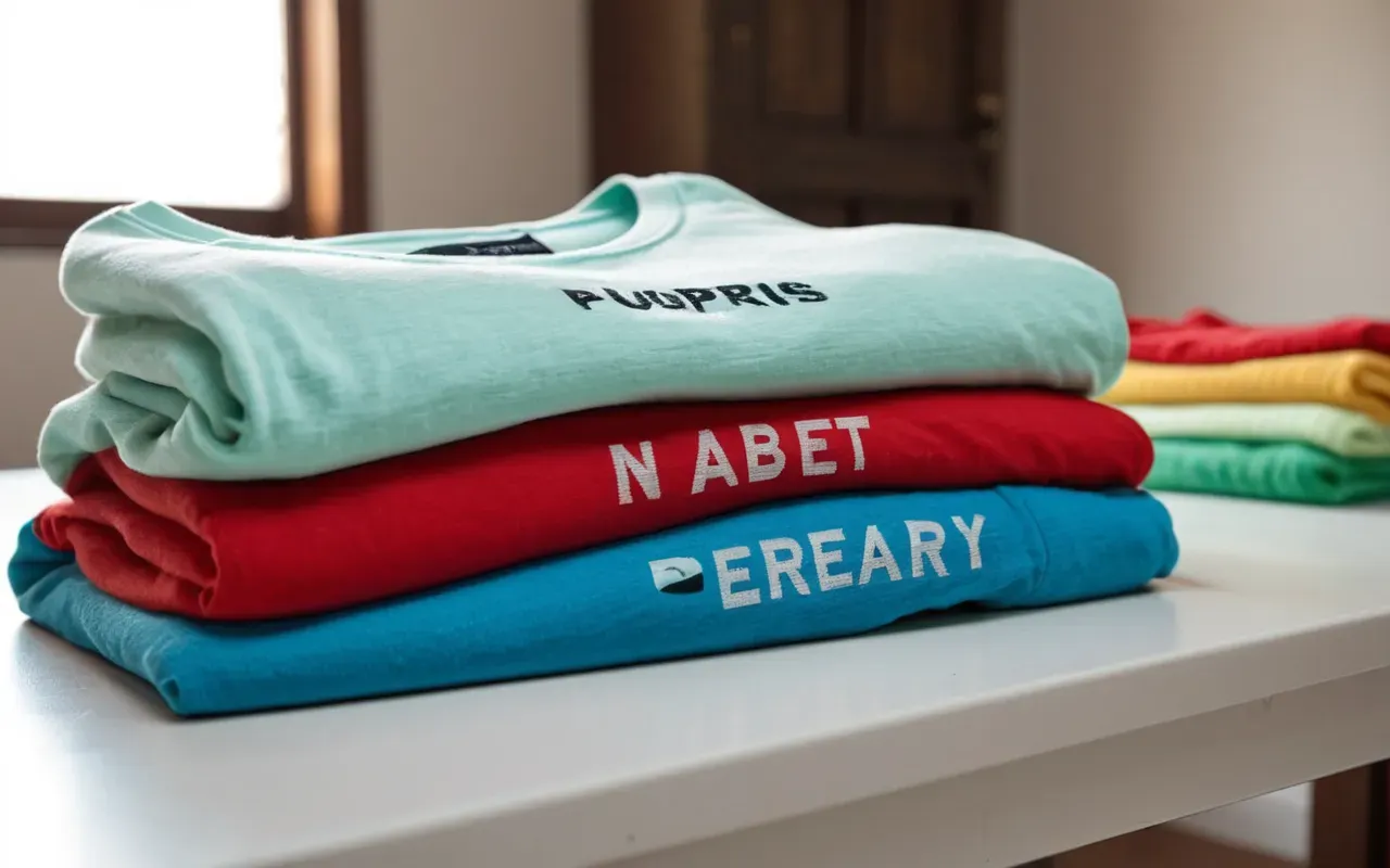 A close-up of a small pile of colorful infant t-shirts and onesies on a white table, showing soft cotton textures and gentle folds under bright natural light, no text visible