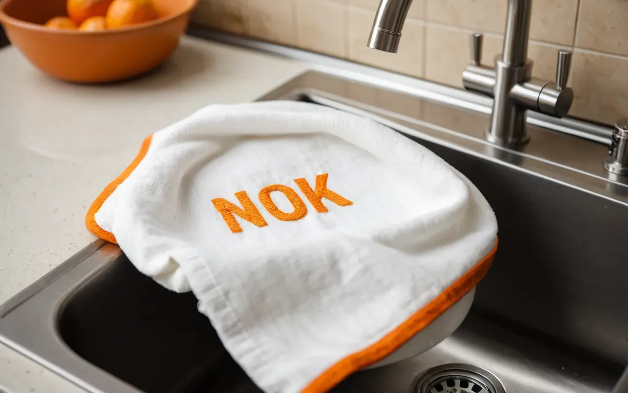 removing stains from baby bibs A close up of a white cloth gently pressing against an orange stain on a cream colored baby bib placed on a stainless steel sink surface.