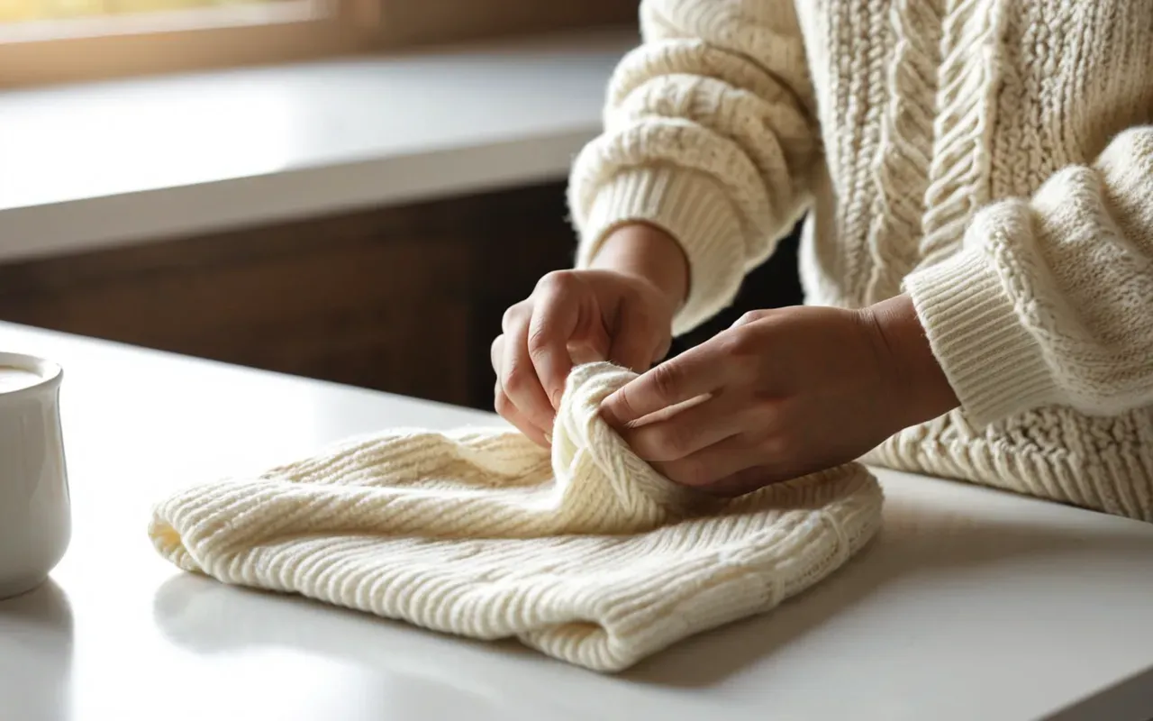 folding baby clothes A close-up of hands carefully folding a soft cream-colored knit baby sweater on a clean white table with warm afternoon sunlight.