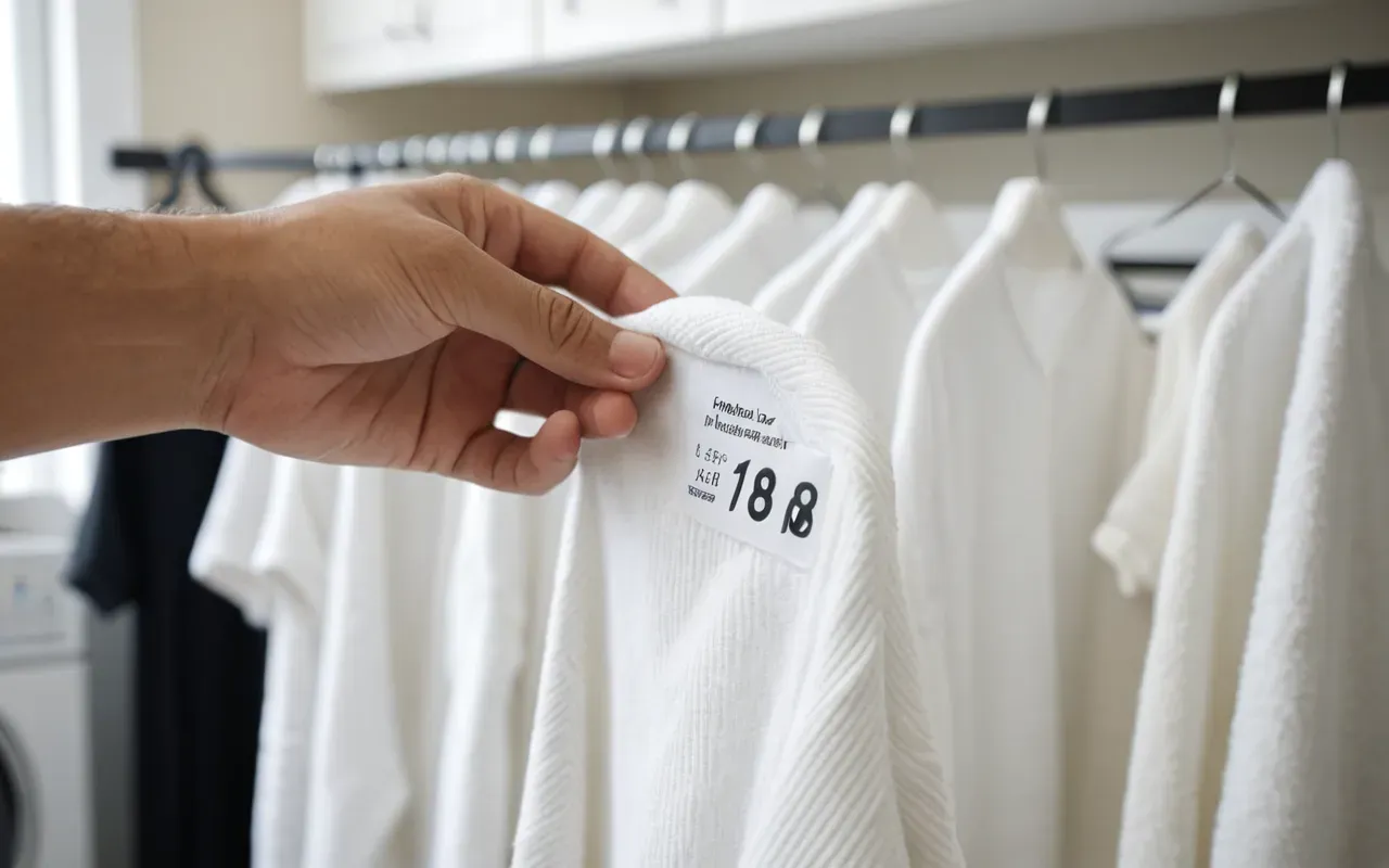 A close up photo of a hand holding a simple soft cotton onesie. The background is blurred showing a bright clean laundry room with white towels hanging nearby.