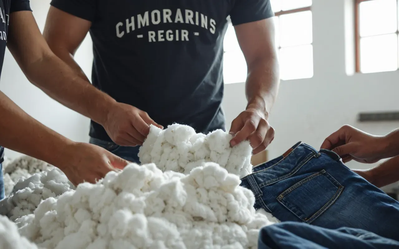A close up view of hands sorting through a pile of clean cotton t-shirts and jeans in a bright community center room with white walls.