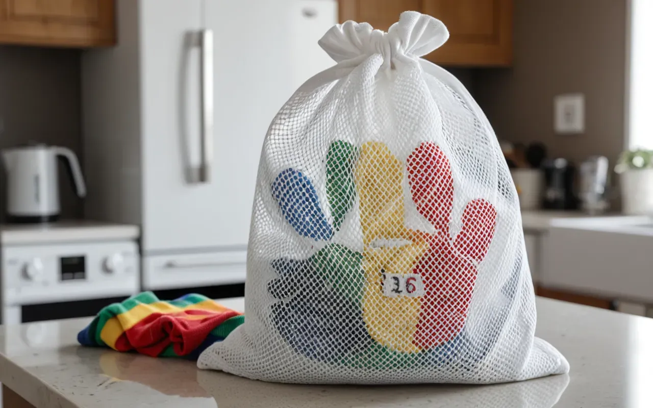 mesh laundry bags for babies A close-up view of small colorful toddler socks trapped inside a white mesh laundry bag placed on a bright kitchen counter with soft natural light.
