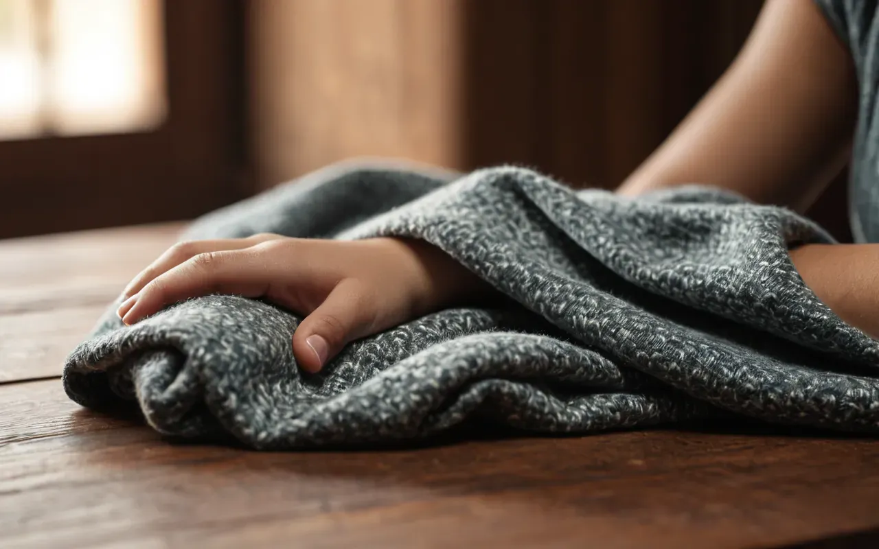 soft baby fabrics A close up view of soft textured fabric draping over a baby hand resting on a wooden table with warm natural light and shallow depth of field.