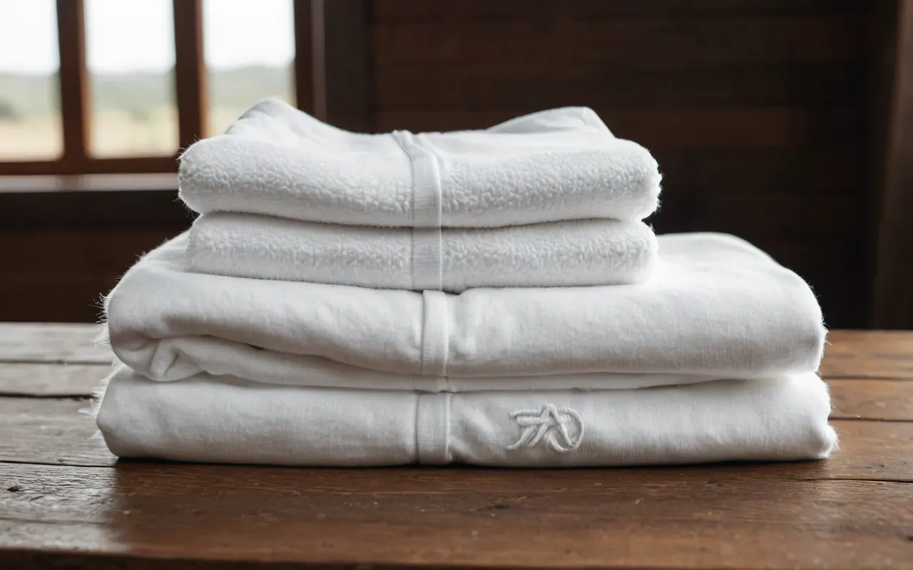 baby clothes review A close up view of two stacks of white cotton onesies on a wooden table. One stack looks pristine with crisp edges while the other shows slight fraying at the cuffs and stretched buttons near the neckline.