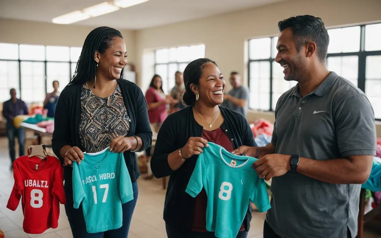 parenting circle meeting A group of diverse parents smiling and laughing while holding colorful baby clothes in a bright community center room with large windows.