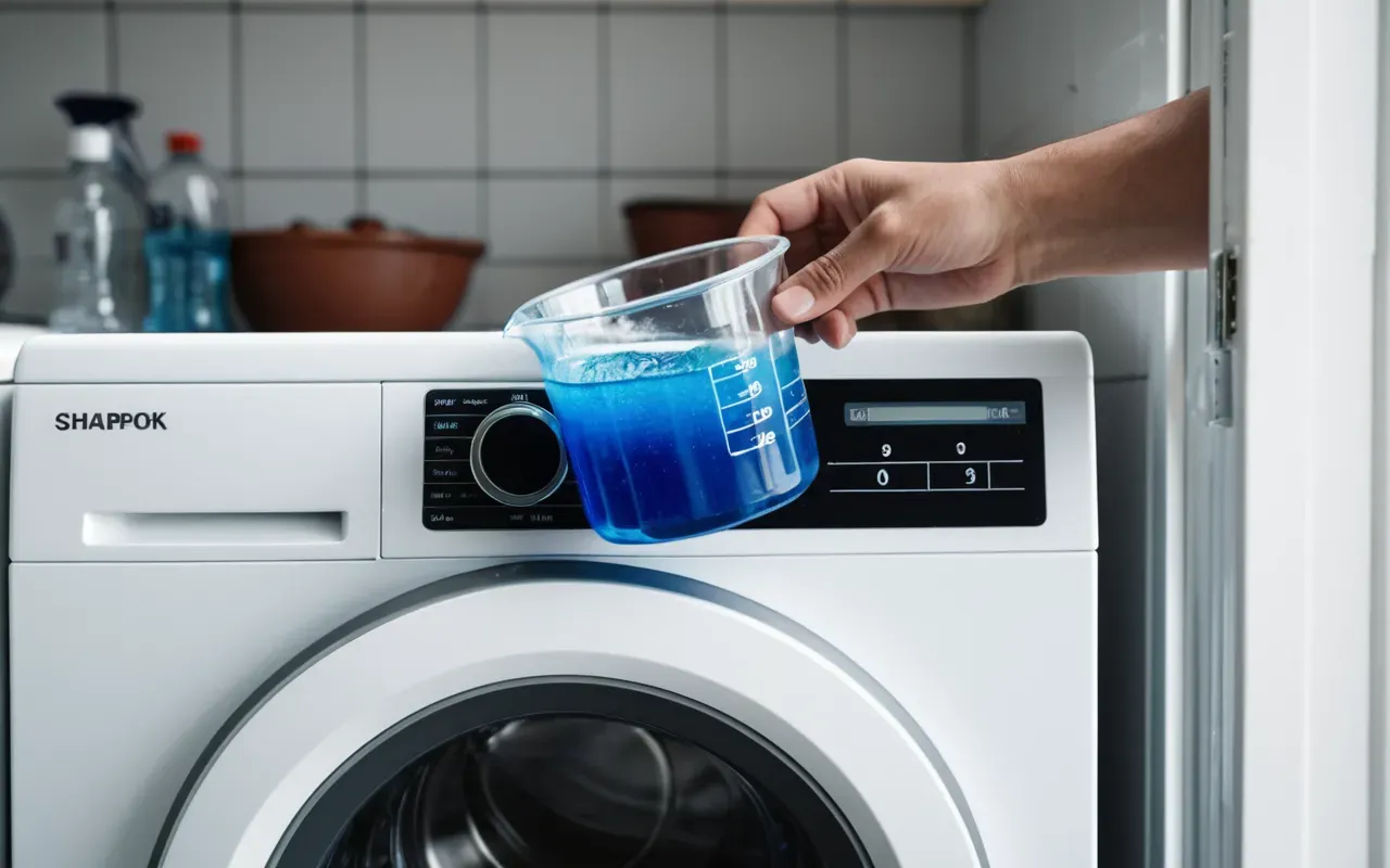 measuring detergent for laundry A hand holding a clear plastic measuring cup filled with blue liquid detergent above an open white washing machine door in a bright utility room.