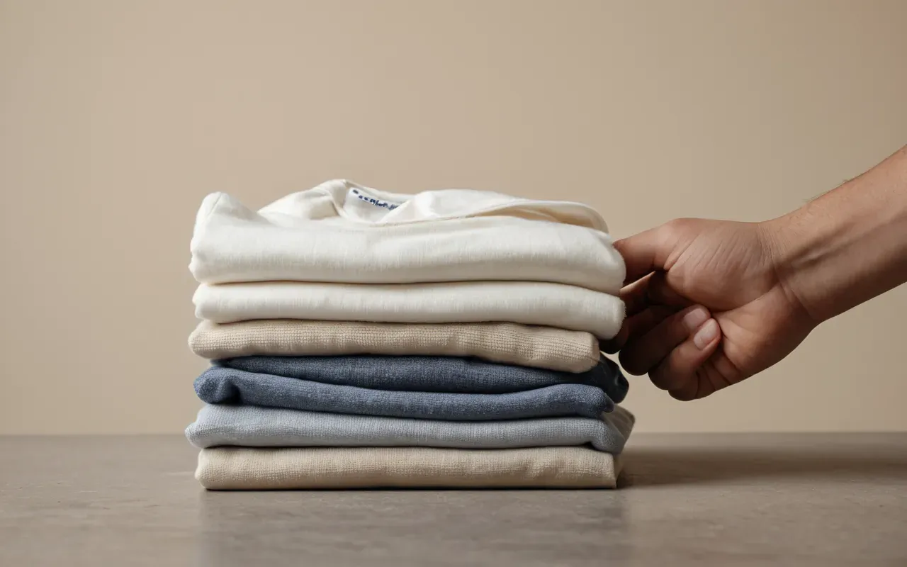 A hand holding a neatly folded stack of high-quality cotton baby clothes with visible sturdy seams and soft textures, set against a neutral beige background with soft studio lighting