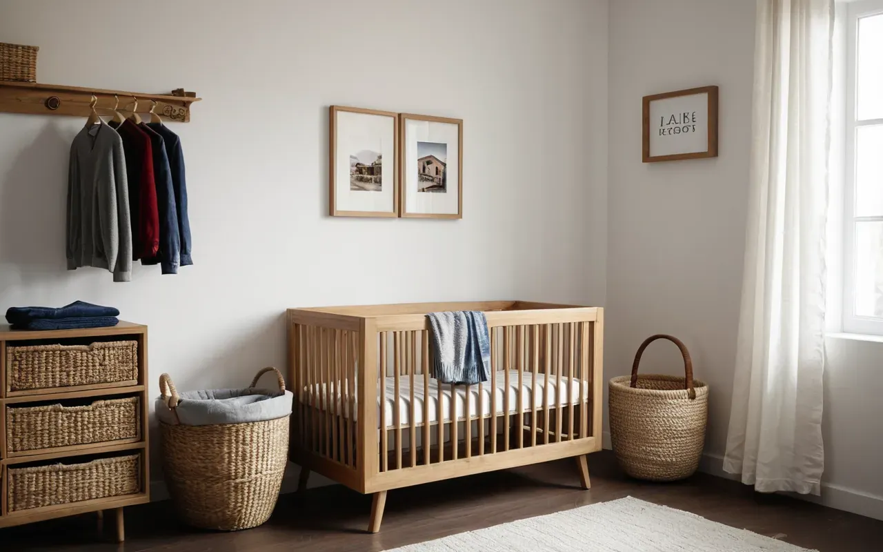A modern baby room with a wooden crib and a basket of neatly organized colorful clothing, soft natural light streaming through a window, calm and tidy atmosphere