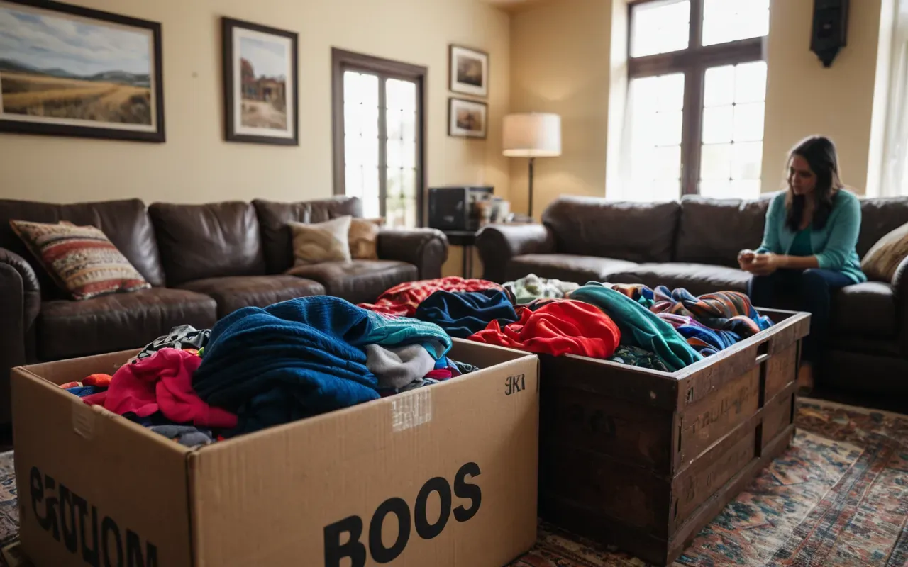 clothing sorting A modern family living room with a large pile of colorful children's clothing items being sorted into boxes. The scene is busy and full of activity.