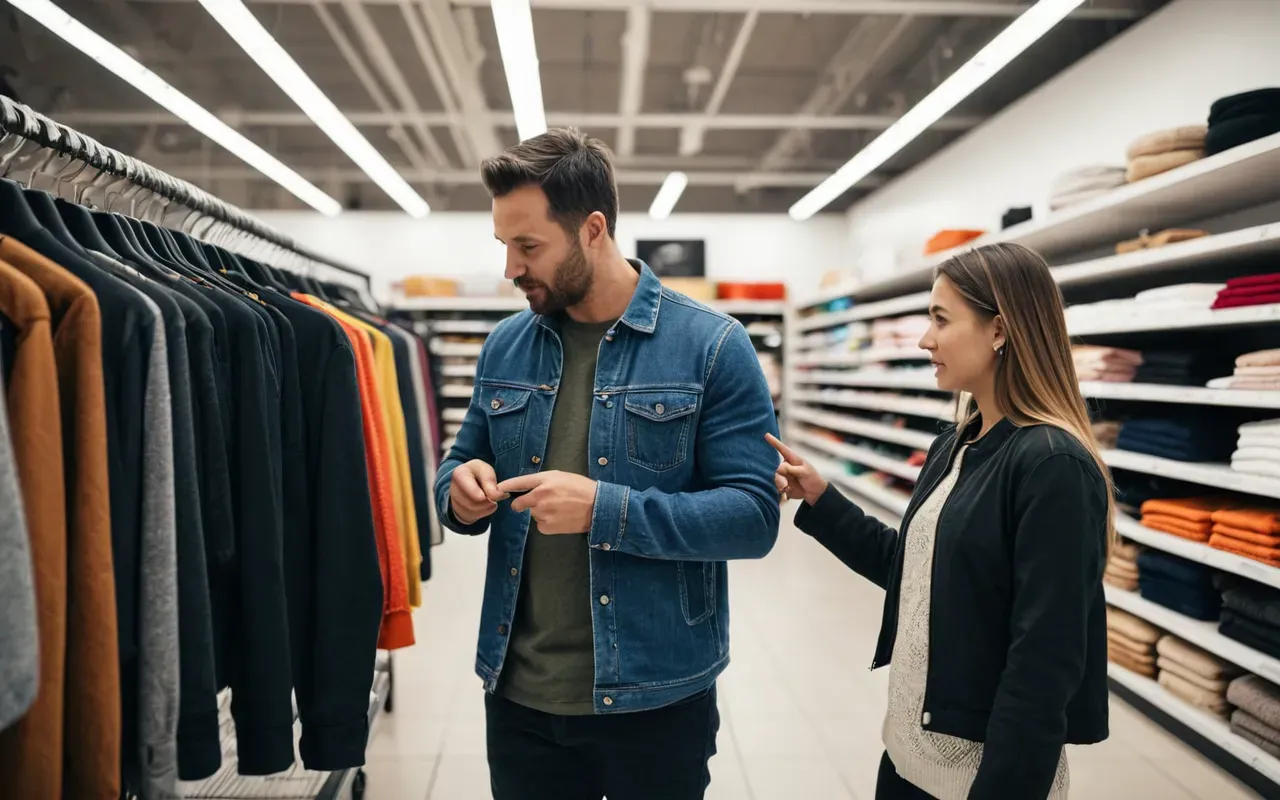 baby clothes trends A modern family shopping in a bright minimalist retail space with shelves of folded clothing and a child pointing at a colorful garment while the parent observes closely.