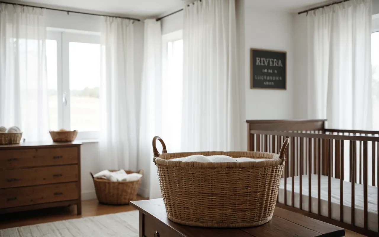 baby room aesthetic A modern nursery room with soft natural light streaming through sheer white curtains. A small wooden crib is visible in the background while a basket of folded colorful baby clothes sits on a low shelf.