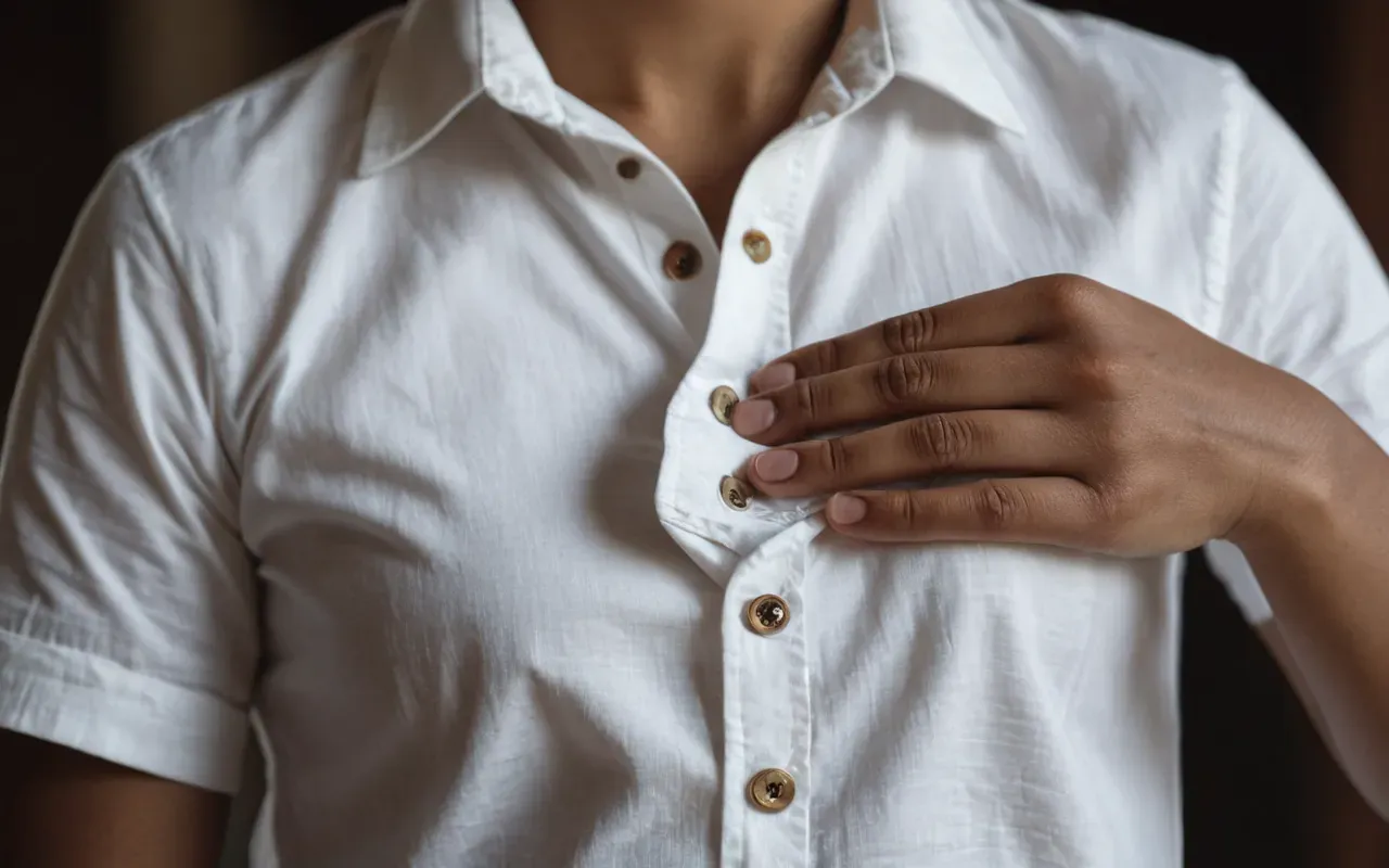 infant apparel quality A pair of hands holding a small white baby shirt near the neckline. The fabric around the button placket looks stretched and thin with visible loose threads hanging from the edge.