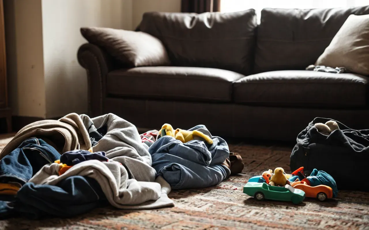 A realistic photo of a messy living room floor with scattered baby clothes and toys. A parent sits on the couch looking tired holding a bundle of laundry in their lap.