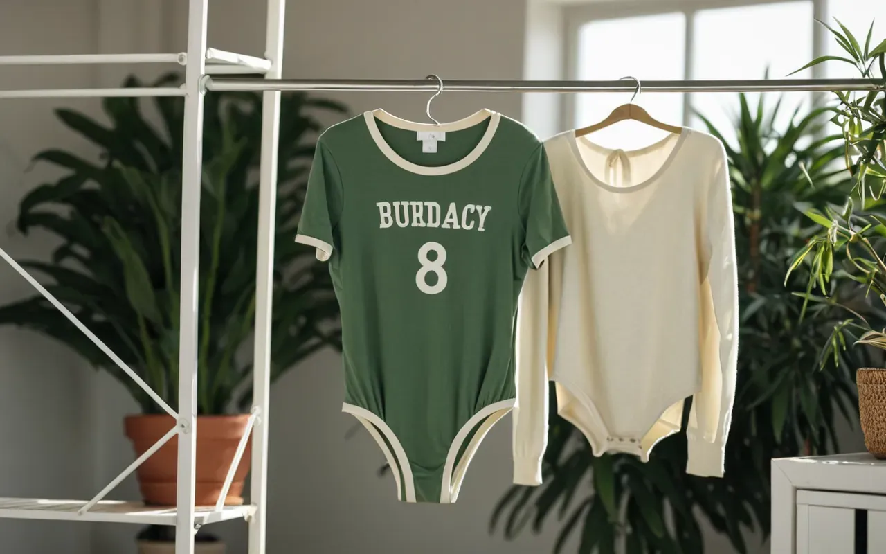 drying rack for baby clothes A sage green bodysuit and a cream bib hanging neatly on a white metal drying rack in a sunlit room with blurred plants in the background.