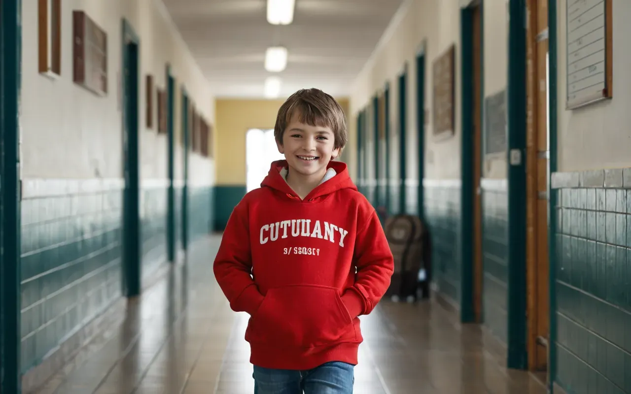 A smiling young child wearing a bright red hoodie and blue jeans standing in a sunny school hallway with other children walking by.